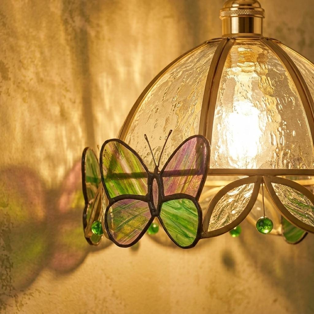 Green Butterfly Stained Glass Pendant Light, Handmade Dome Hanging Lamp, Cottagecore Tiffany Style Ceiling Light for Bedroom Decor