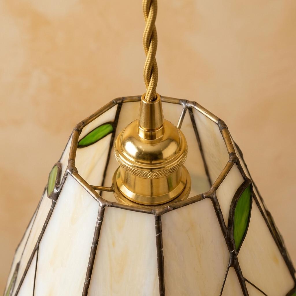 Stained Glass Pendant Light, Green Leaf Vine Hanging Lamp, Cream Scalloped Tiffany Style Ceiling Light, Cottagecore Botanical Decor