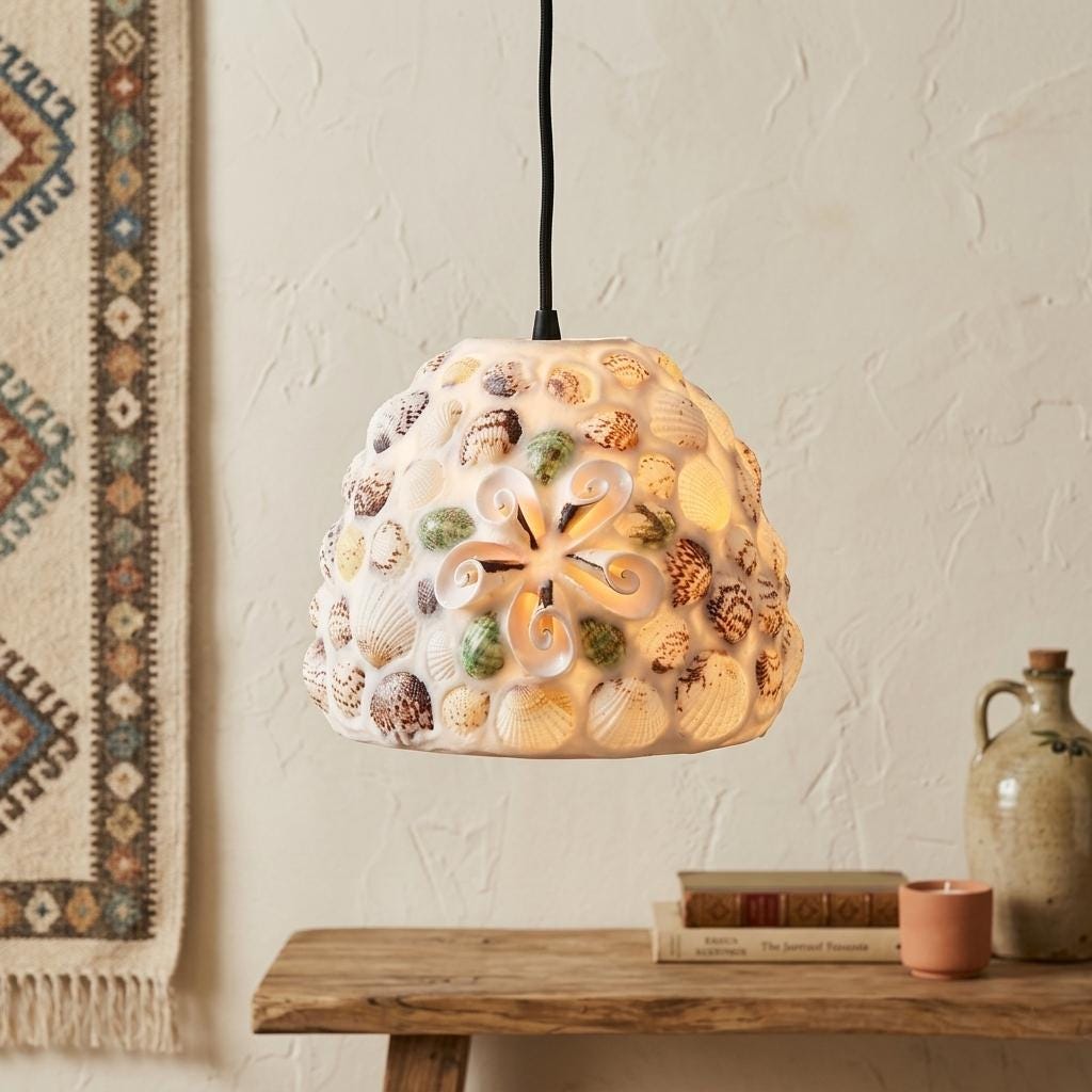 Mosaic Seashell Pendant Light , Coastal Art Glass Lamp, Bohemian Eclectic Decor