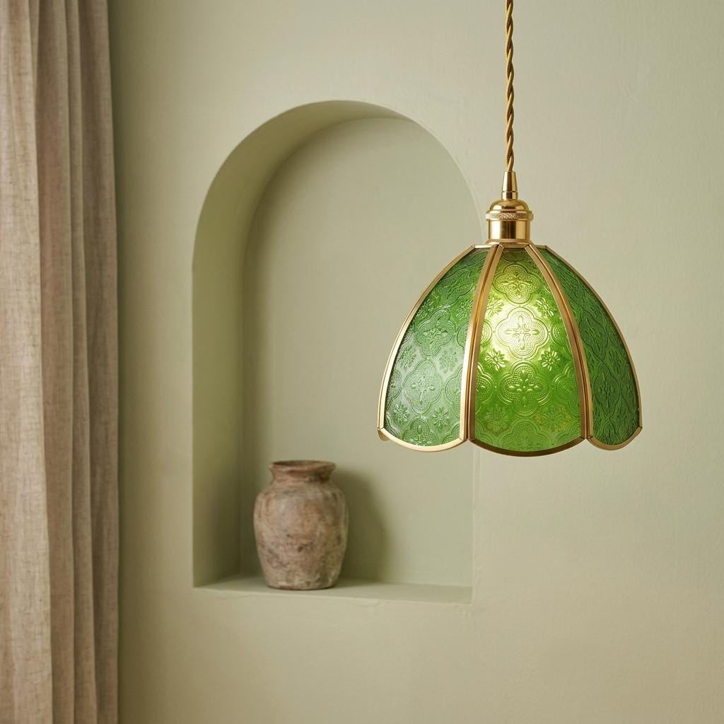 Green Textured Glass Pendant Light, Floral Dome Hanging Lamp, Brass Tone Fixture