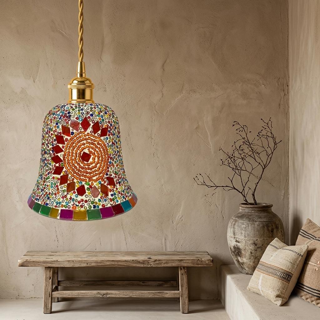 Handmade Mosaic Glass Pendant Light, Sunburst Mandala Boho Ceiling Lamp