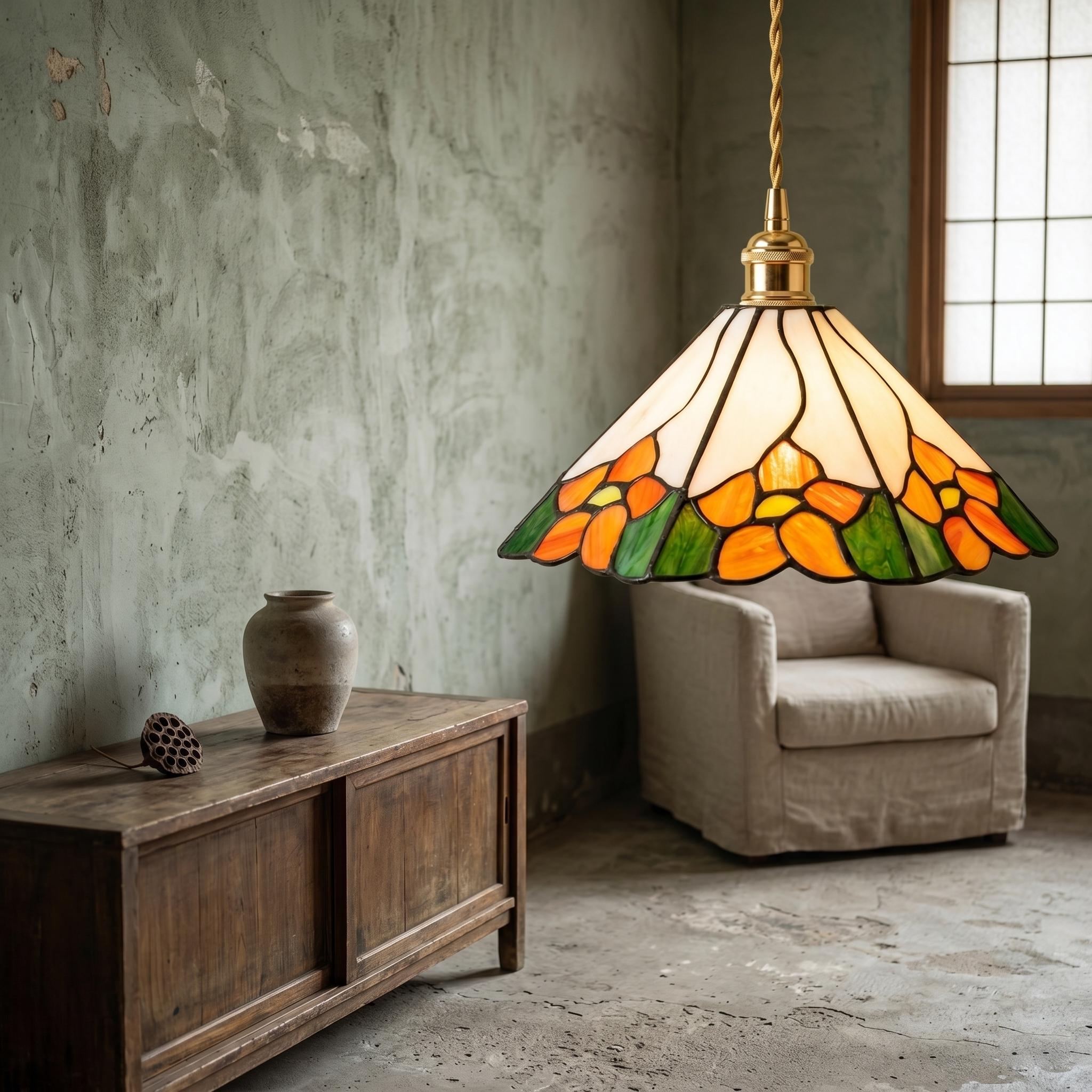 Tiffany Style Floral Pendant Light, Handmade Stained Glass Hanging Lamp, Orange Flower Cottagecore Ceiling Light