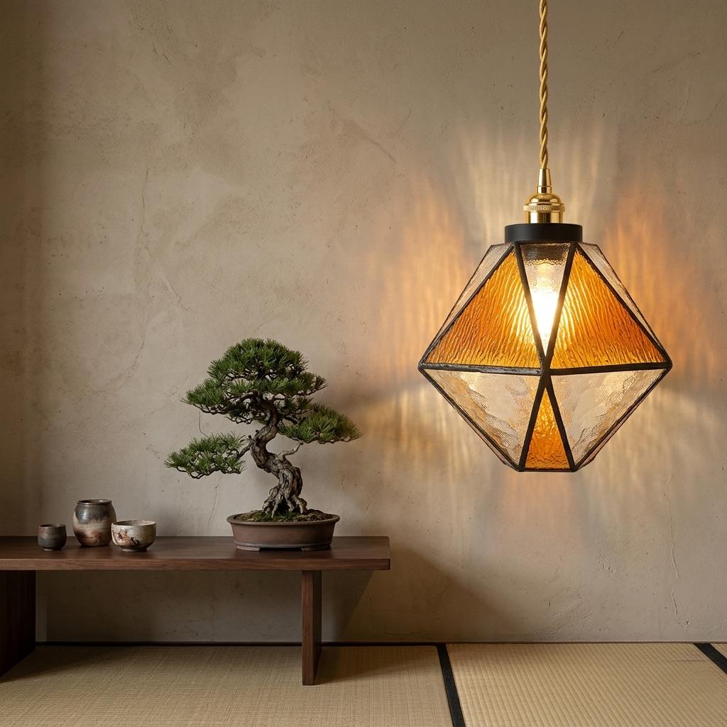 Handmade Amber Stained Glass Pendant Light, Geometric Diamond Hanging Lamp, Tiffany Style Honey Gold Ceiling Light, Vintage Decor