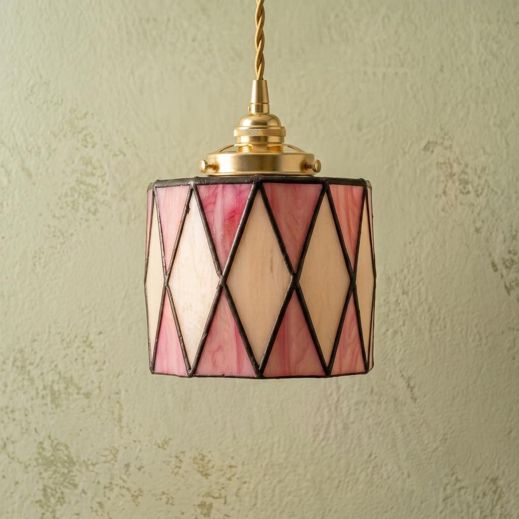 Small Pink Stained Glass Pendant Light, Peach Cream Geometric Hanging Lamp, Tiffany Style Ceiling Light, Boho Vintage Decor