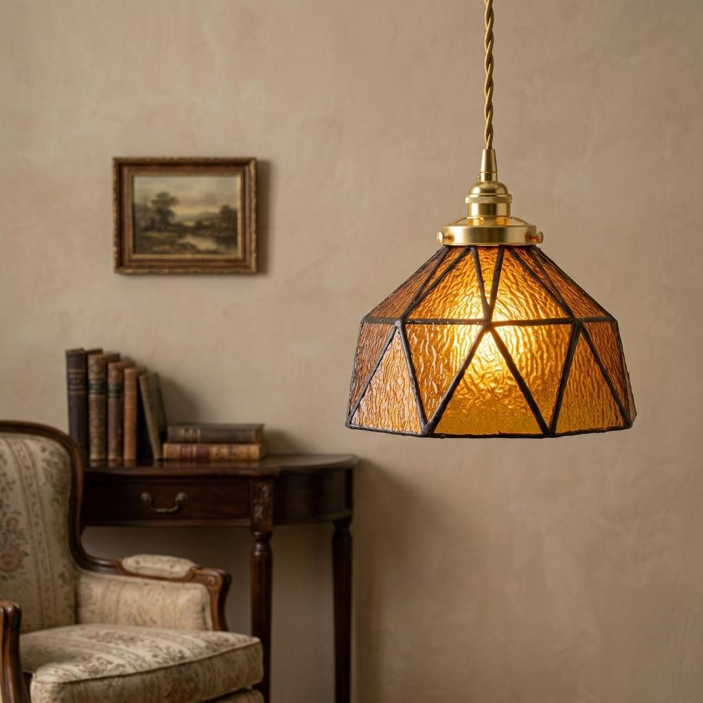 Amber Geometric Stained Glass Pendant Light, Art Deco Gold Ceiling Fixture