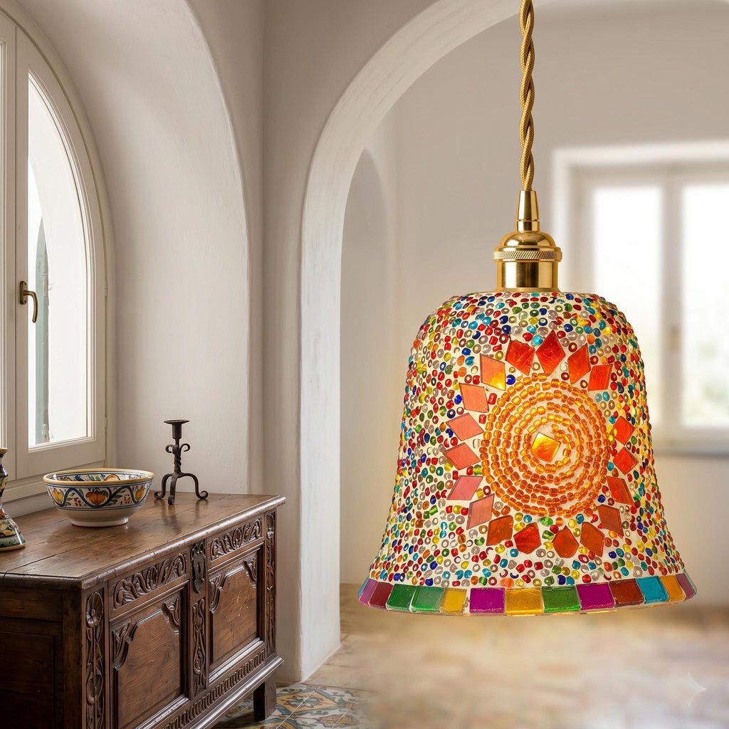 Handmade Mosaic Glass Pendant Light, Sunburst Mandala Boho Ceiling Lamp