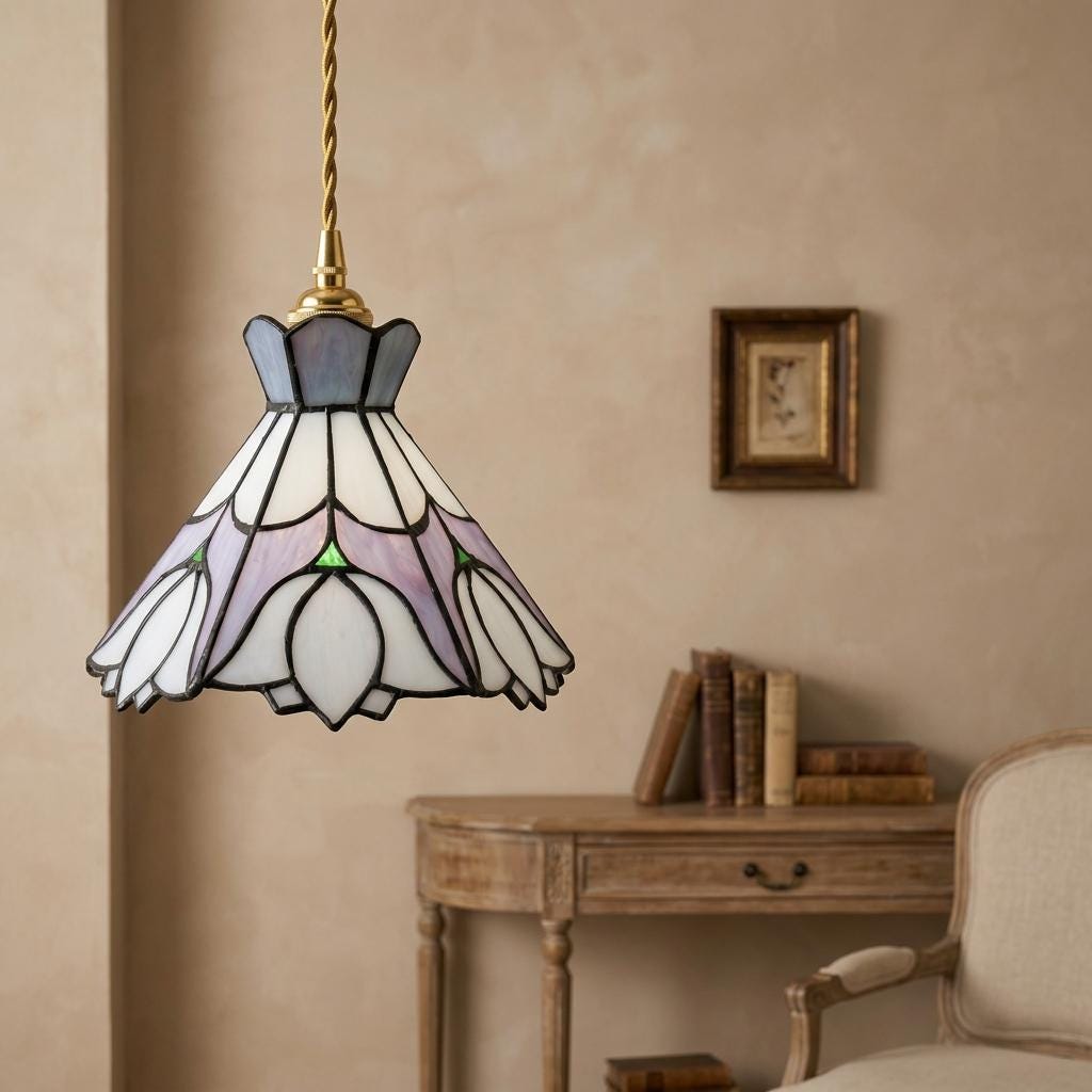 Stained Glass Lampshade, Pastel Blue Lavender Floral Tiffany Style Shade, Small Replacement Table Lamp Shade, 7.1 Inch Wide