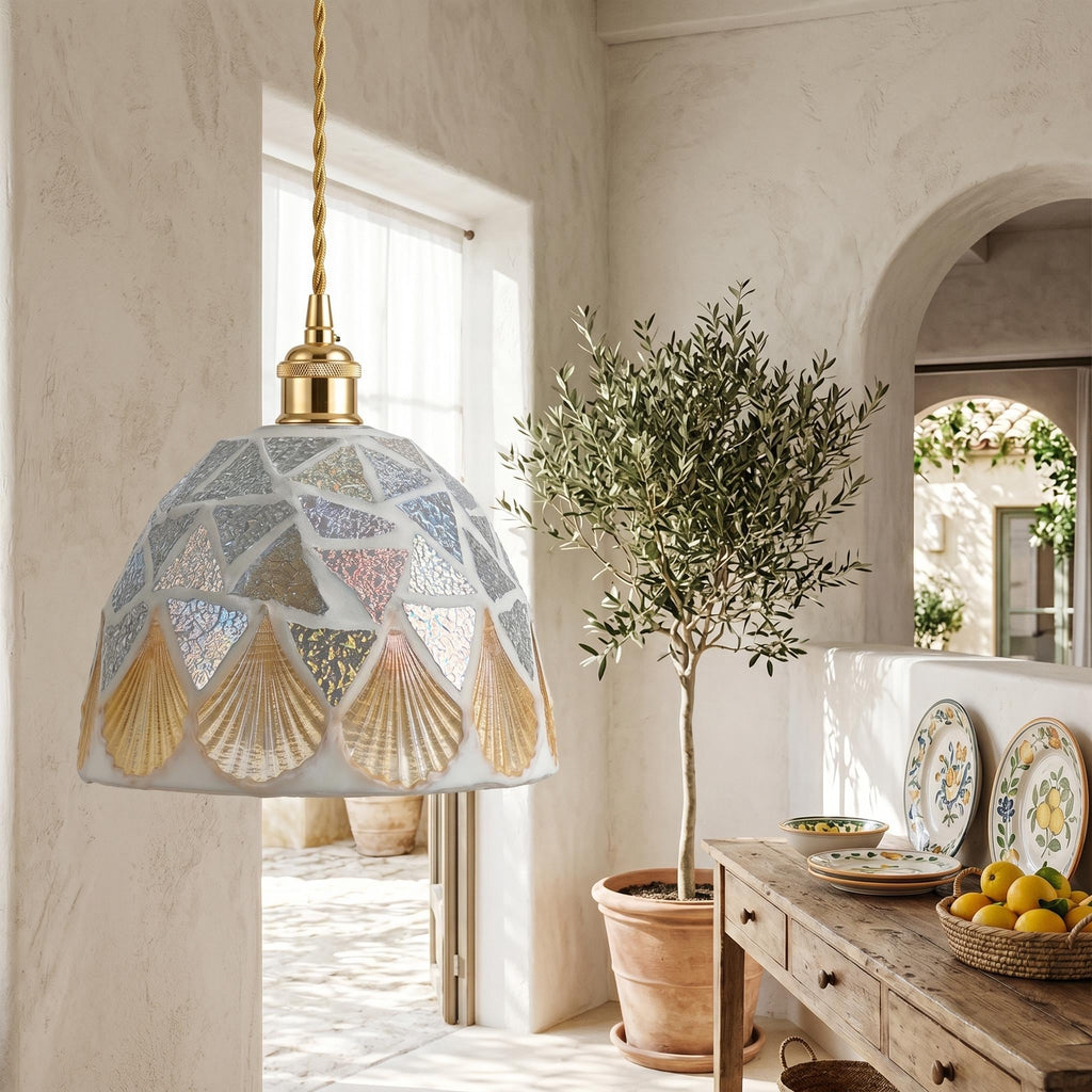 Handmade Mosaic Shell Pendant Light, Coastal Art Glass Hanging Lamp, Beach House Lighting