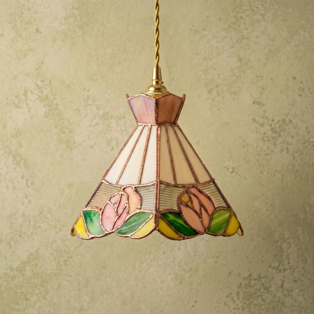 Stained Glass Pendant Light Shade, Rose Floral Tiffany Style Lamp Shade, Small Vintage Hanging Lamp Shade, Cottagecore Glass Decor