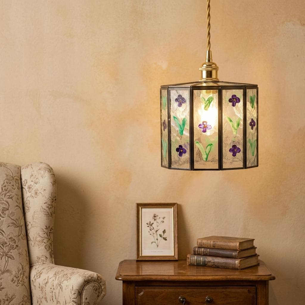 Violet Flower Stained Glass Pendant Light, Purple Floral Hanging Lamp, Geometric Tiffany Style Ceiling Light, Cottagecore Lighting