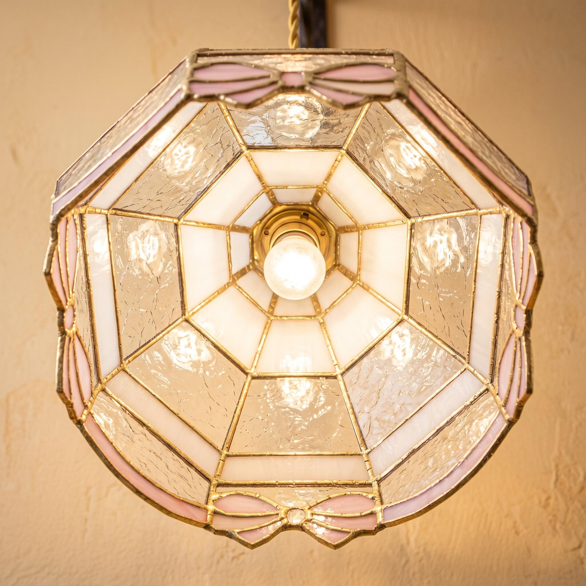 Pink Bow Stained Glass Pendant Light, Handmade Mini Hanging Lamp, Tiffany Style Cottagecore Nursery Ceiling Light Fixture