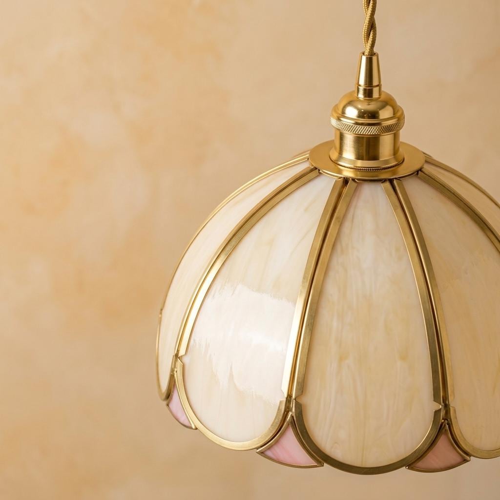 Cream Scalloped Stained Glass Pendant Light, Vintage Cottagecore Ceiling Fixture