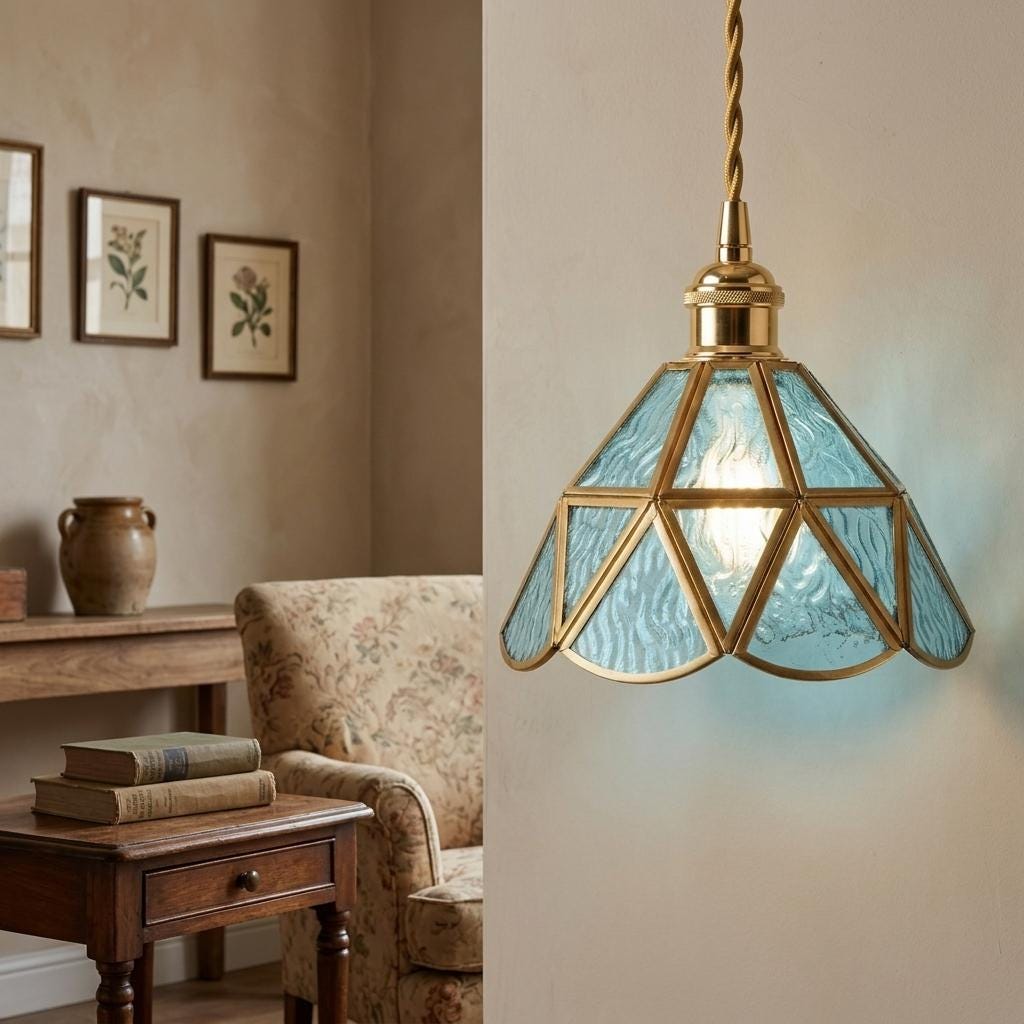 Aqua Blue Stained Glass Pendant Light, Geometric Hanging Lamp, Vintage Style Ceiling Fixture