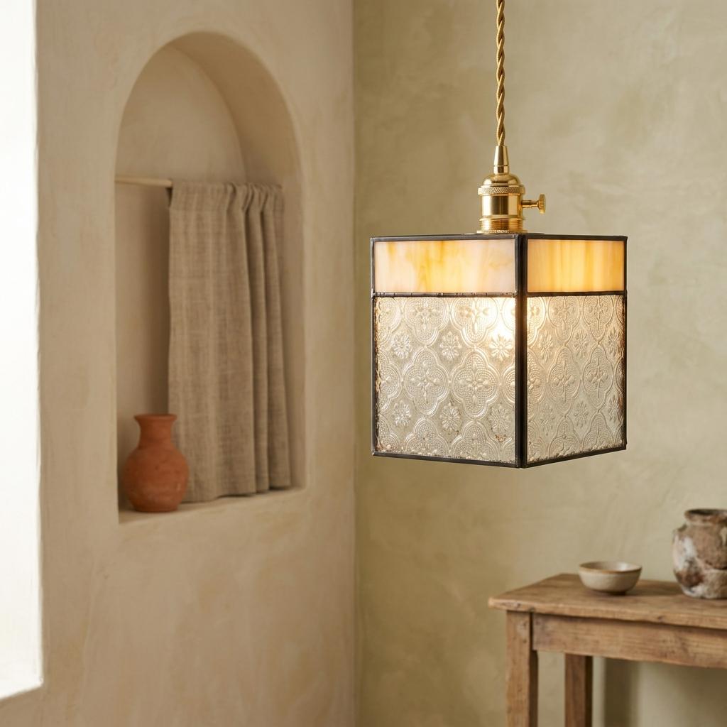 Square Amber Stained Glass Pendant Light, Vintage Decorative Hanging Lamp