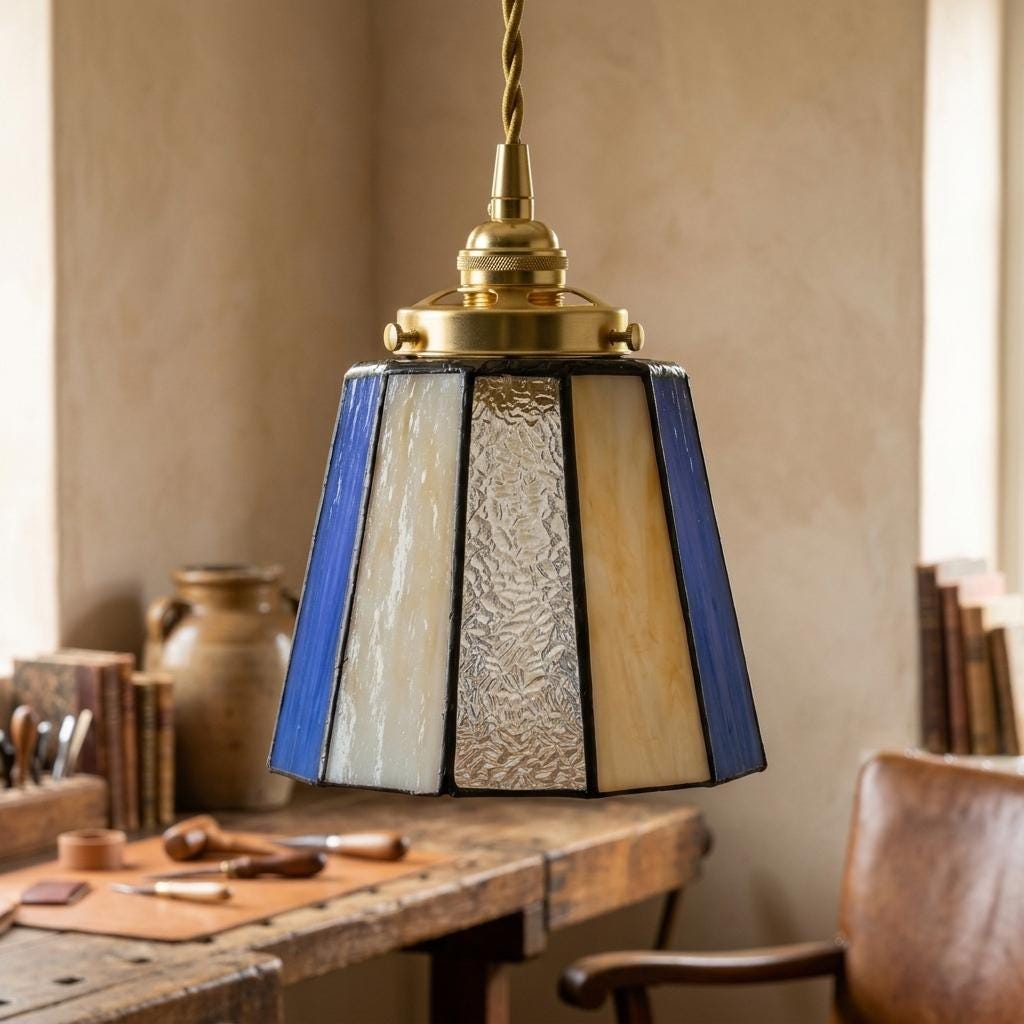 Handmade Blue Cream Stained Glass Pendant Light, Tapered Vintage Hanging Lamp