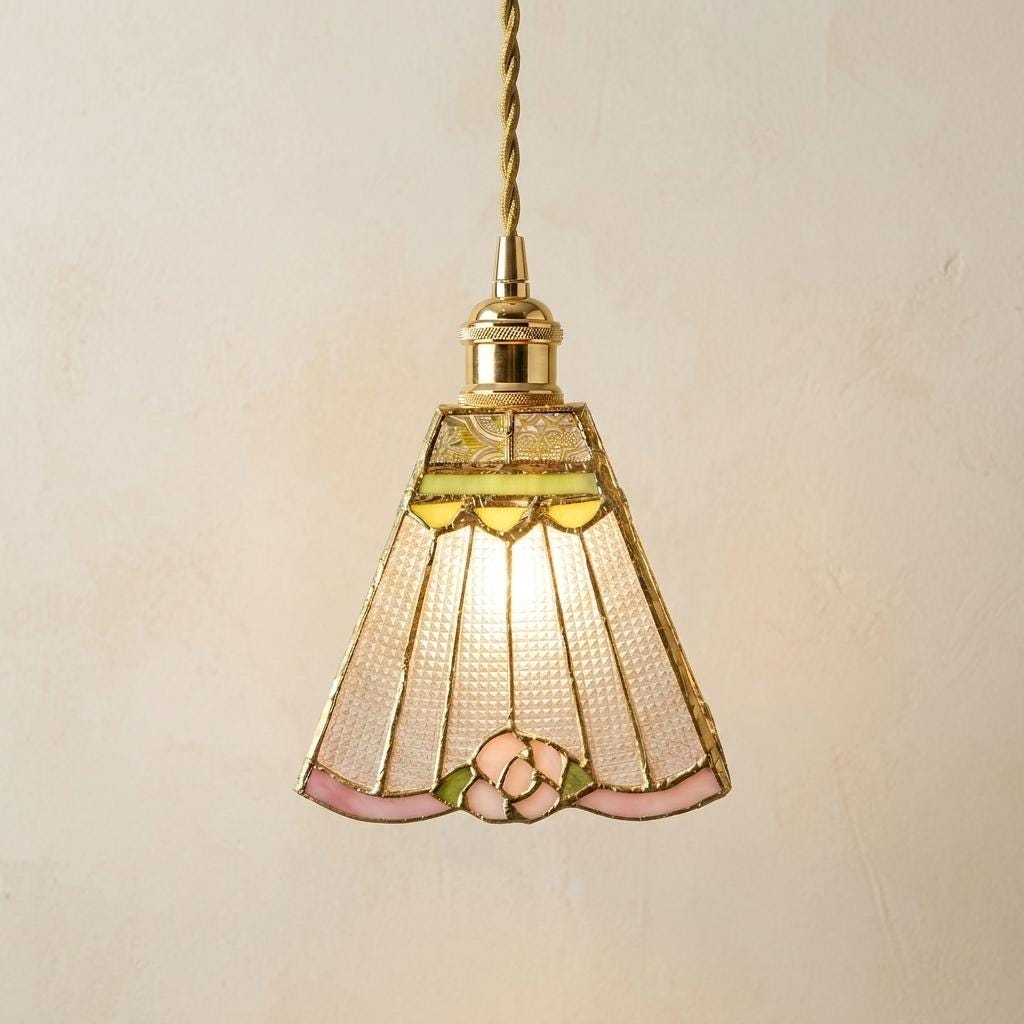 Stained Glass Pendant Light, Pink Rose Hanging Lamp, Clear Textured Glass, Tiffany Style Floral Ceiling Light, Cottagecore Decor