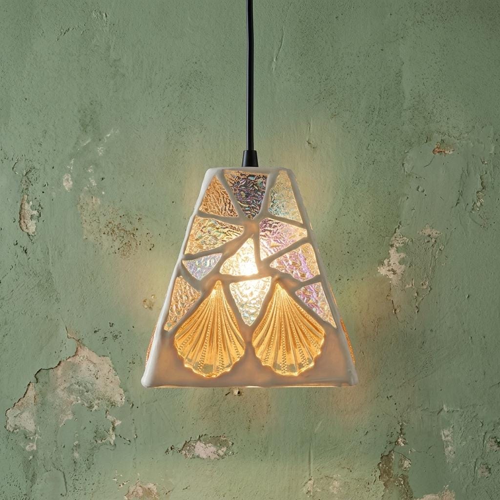 Handcrafted Mosaic Glass Pendant Light , Amber Lavender Seafoam Shell Art Lamp