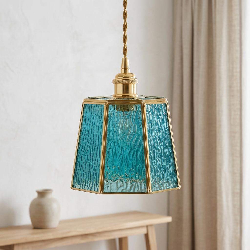 Aqua Blue Textured Glass Pendant Light, Geometric Coastal Entryway Fixture