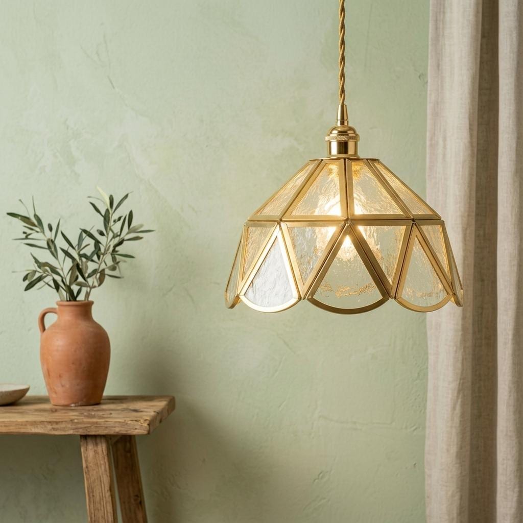 Textured Glass Pendant Light, Geometric Copper Tone Hanging Lamp, Scalloped Vintage Style