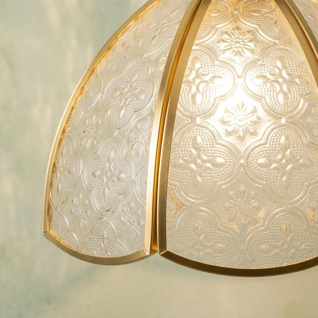 Textured Glass Pendant Light, Gold Floral Dome, Vintage Cottagecore Ceiling Fixture