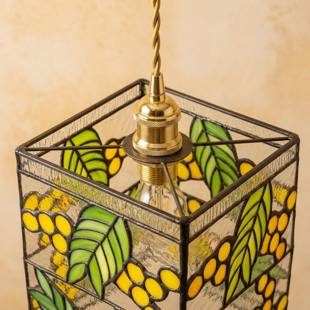 Stained Glass Pendant Light, Yellow Floral Green Leaf Hanging Lamp, Tiffany Style Botanical Ceiling Light, Cottagecore Decor