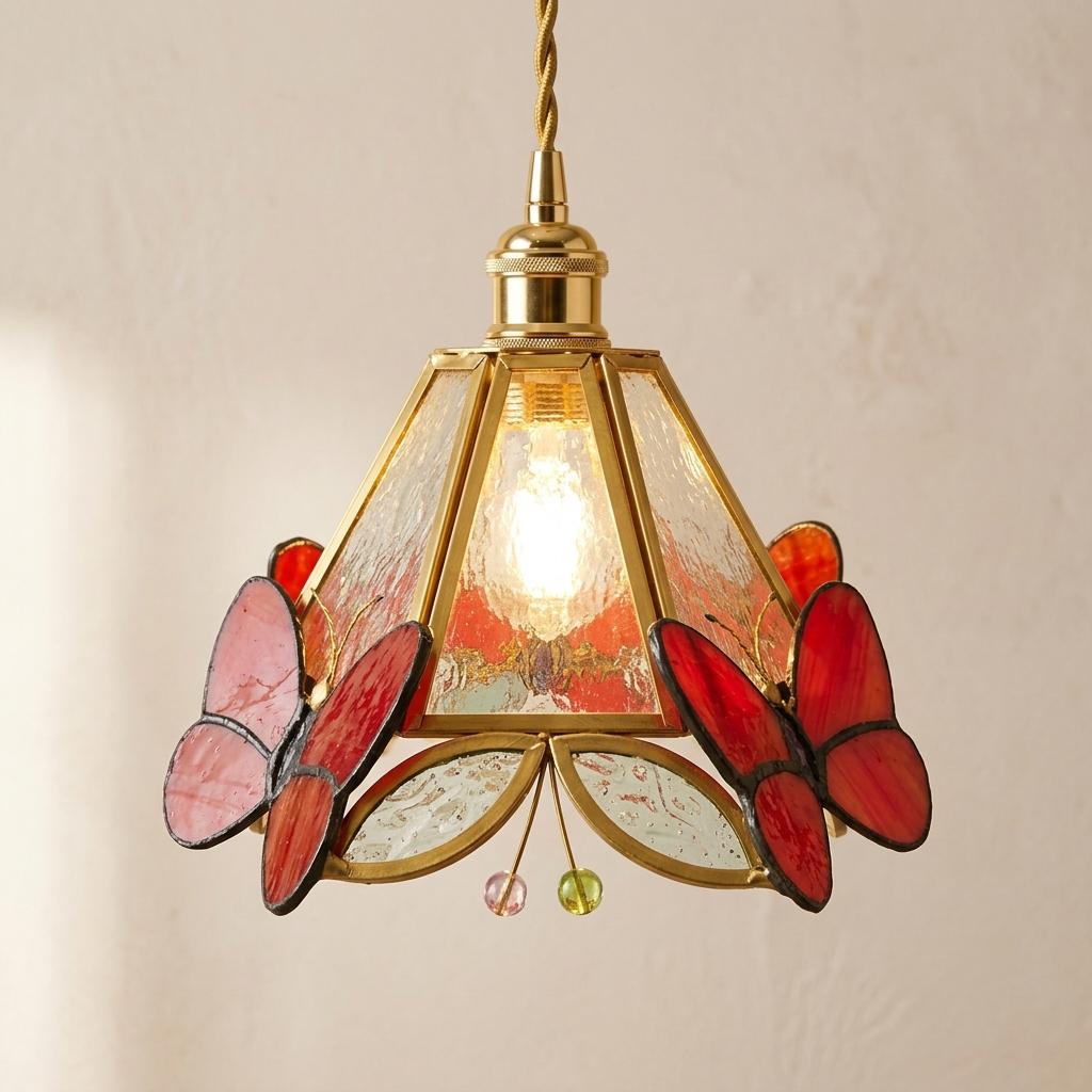 Stained Glass Butterfly Pendant Light, Red Orange Tiffany Style Hanging Lamp Shade, Handmade Cottagecore Ceiling Light, Art Glass Decor