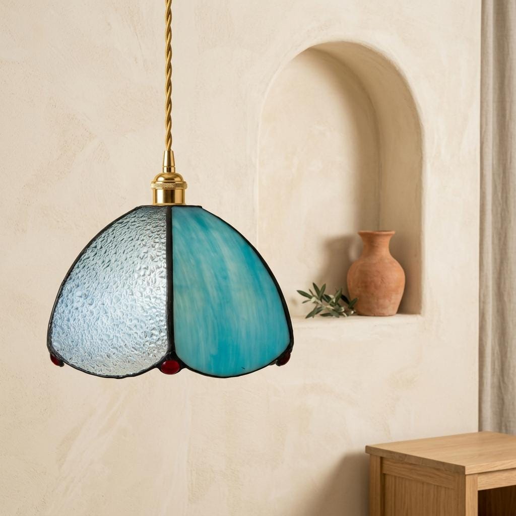 Aqua Blue Stained Glass Dome Pendant Light, Art Nouveau Ceiling Lamp