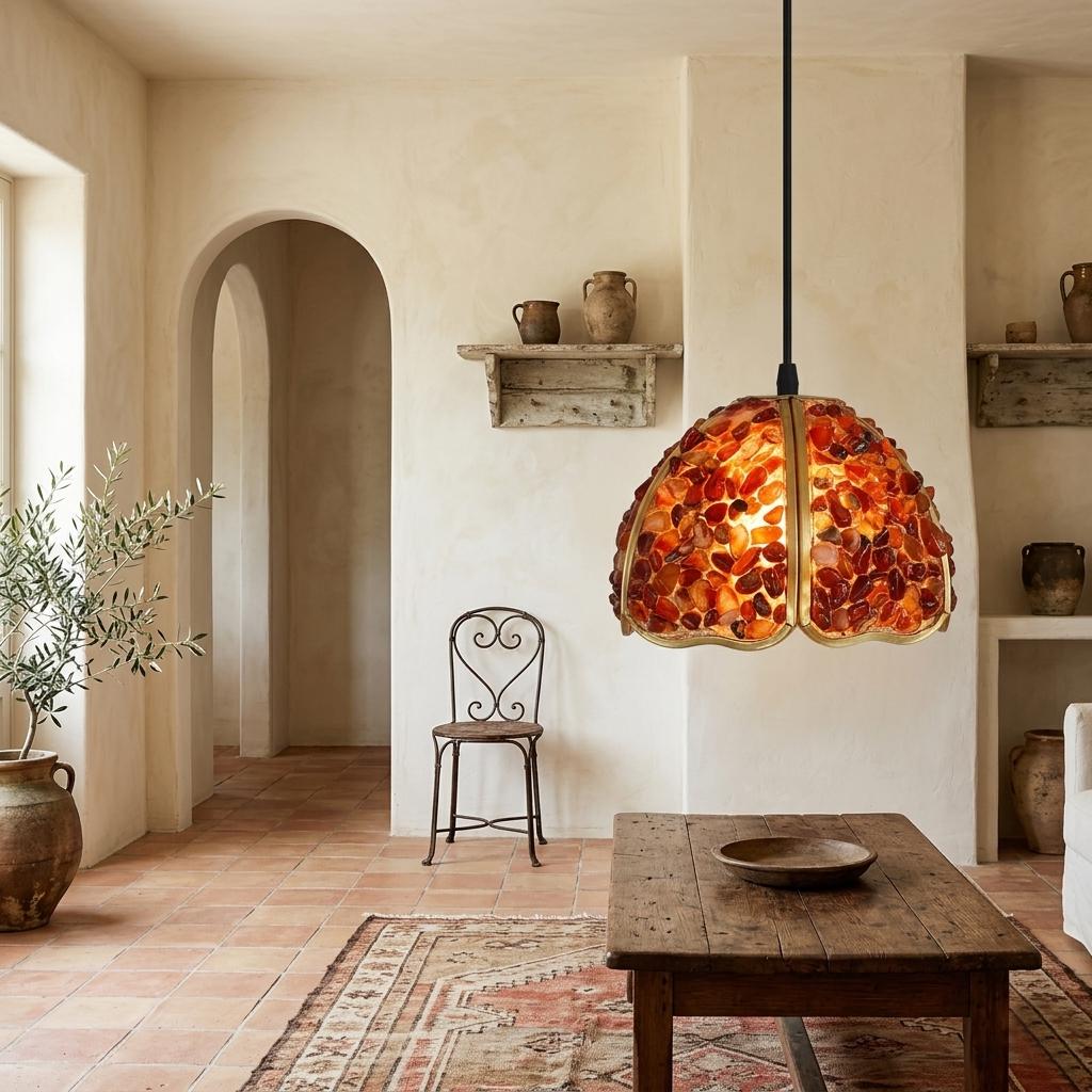 Red Agate Mosaic Glass Pendant Light , Bohemian Hanging Lamp, Eclectic Home Decor