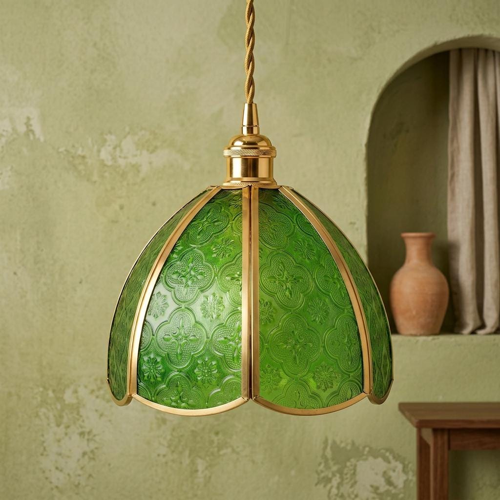 Green Textured Glass Pendant Light, Floral Dome Hanging Lamp, Brass Tone Fixture