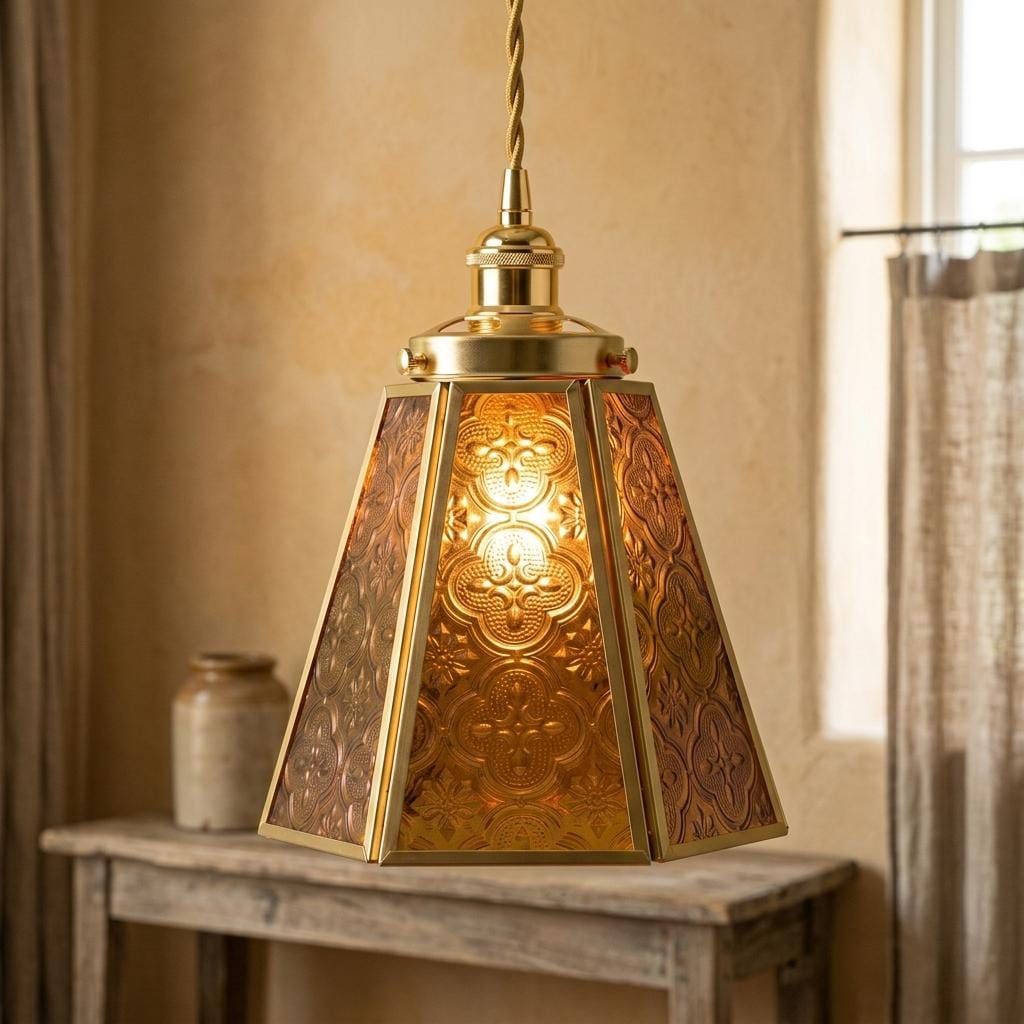 Amber Textured Glass Pendant Light, Gold Tone Ornate Hanging Lamp, Vintage Boho Lighting