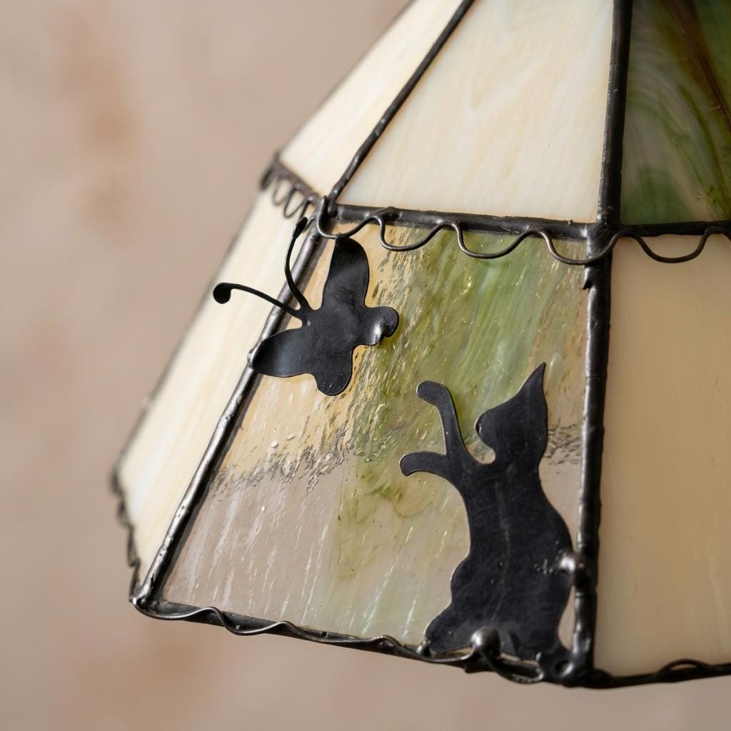 Stained Glass Lamp Shade, Butterfly Cat Tiffany Style Shade, Green Cream Glass Lampshade, Handmade Art Glass Pendant Shade