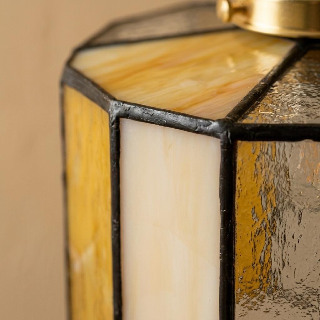 Cream Amber Stained Glass Pendant Light, Geometric Cylinder Hanging Lamp