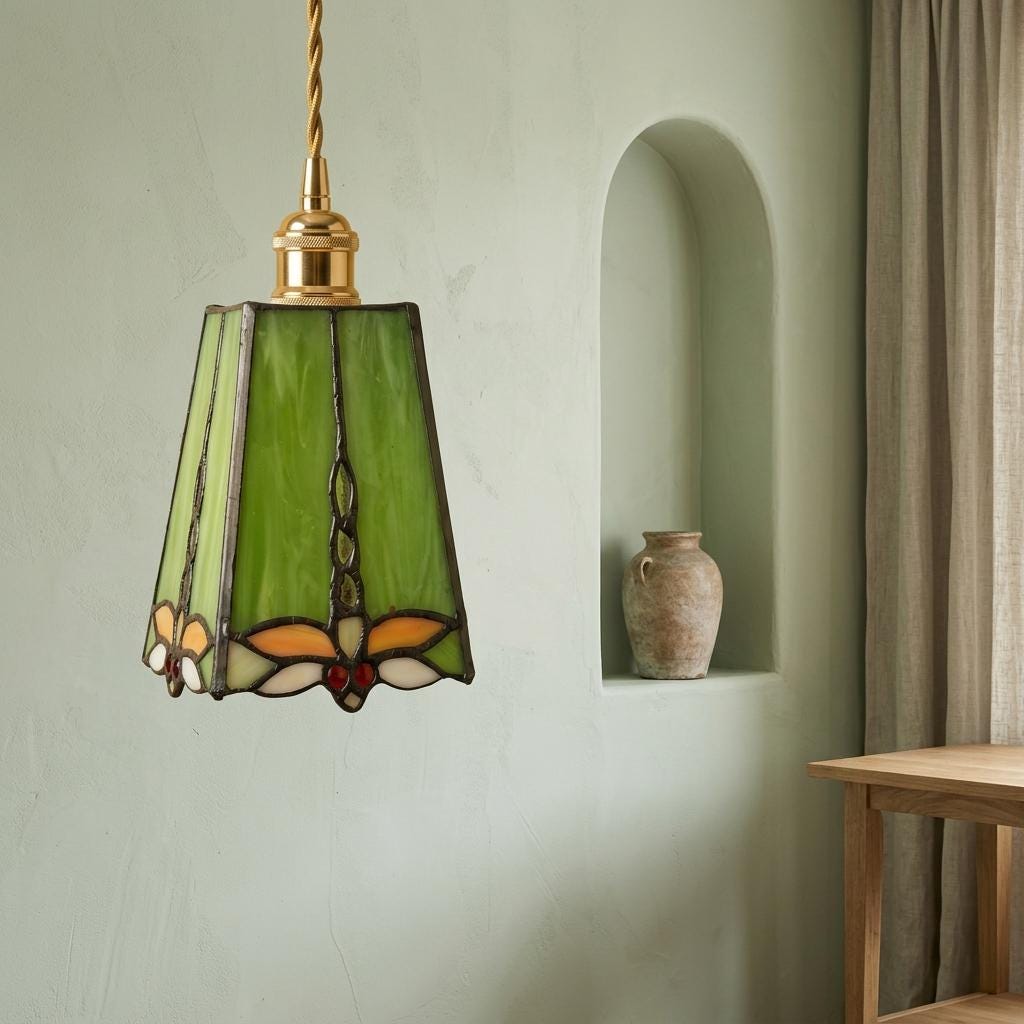 Green Stained Glass Pendant Light, Mini Tiffany Style Hanging Lamp, Handmade Art Nouveau Glass Ceiling Light, Vintage Boho Kitchen Pendant