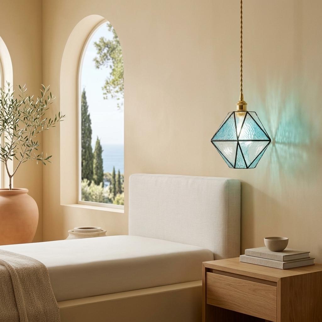 Handmade Geometric Stained Glass Pendant Light, Aqua Blue Textured Glass Hanging Lamp