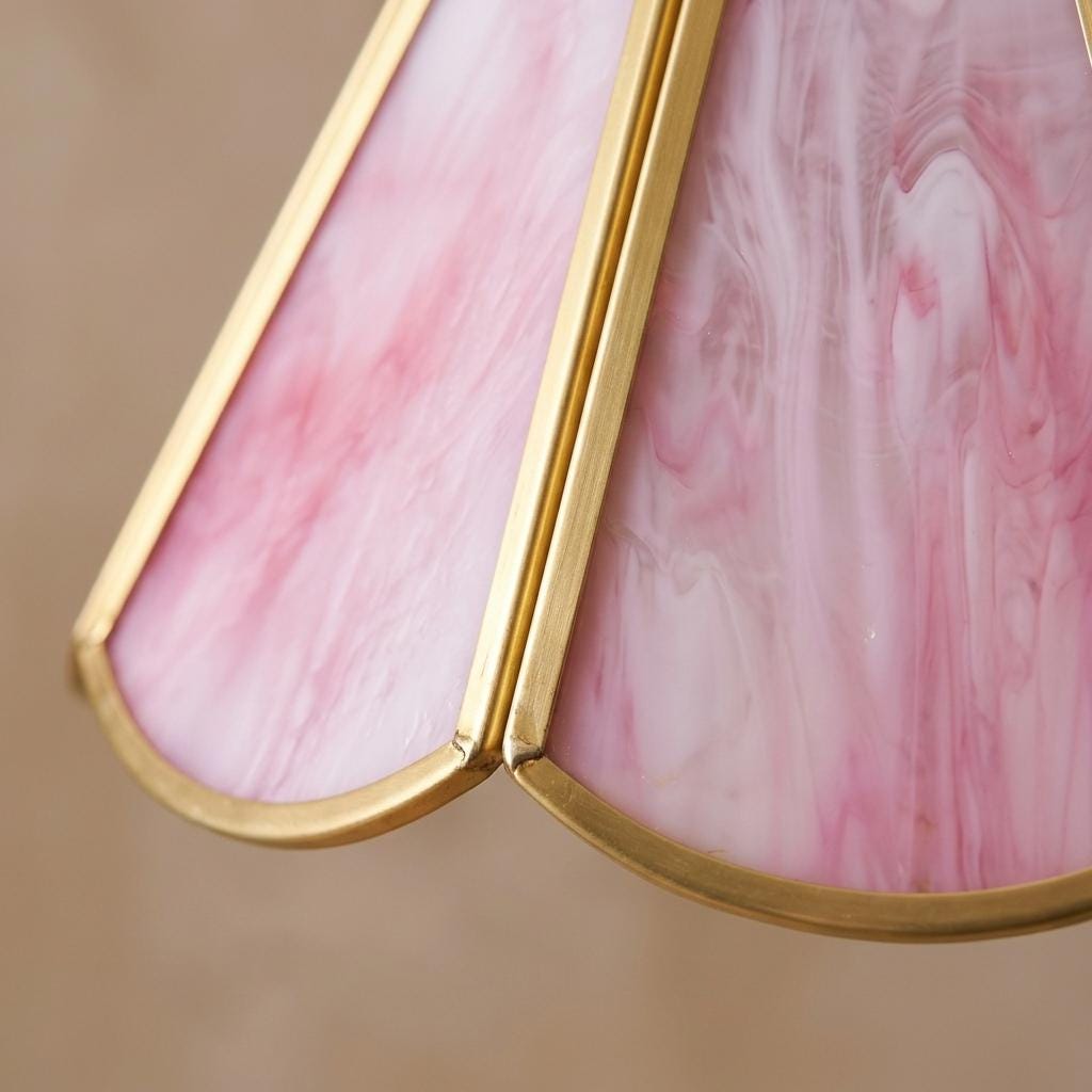 Pink Stained Glass Pendant Light, Scalloped Flower Petal Hanging Lamp, Tiffany Style Cottagecore Ceiling Fixture