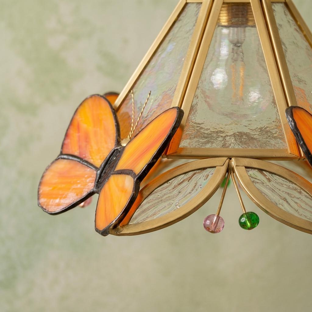 Orange Butterfly Stained Glass Pendant Light, Handmade Tiffany Style Hanging Lamp Shade, Vintage Cottagecore Kitchen Decor