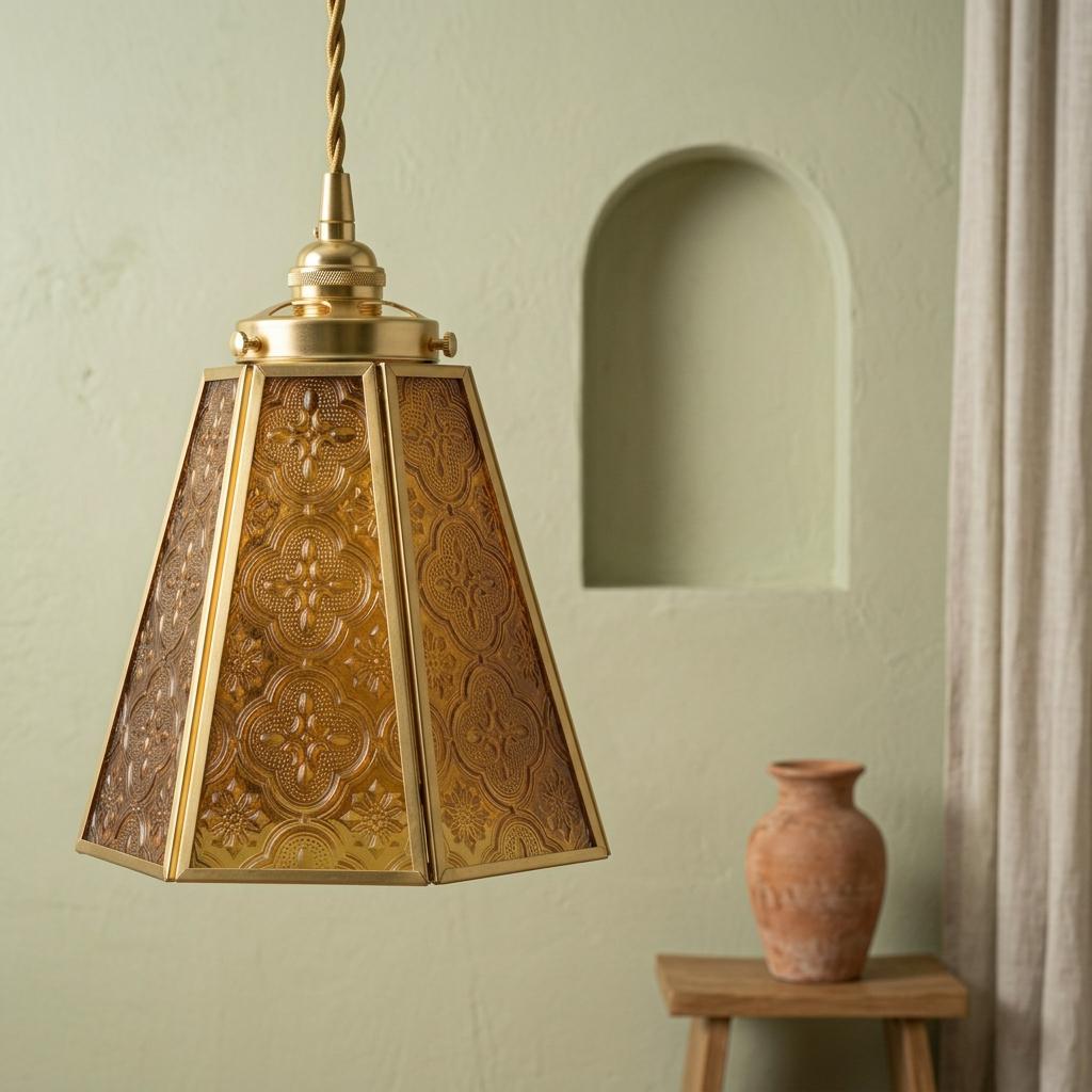 Amber Textured Glass Pendant Light, Gold Tone Ornate Hanging Lamp, Vintage Boho Lighting