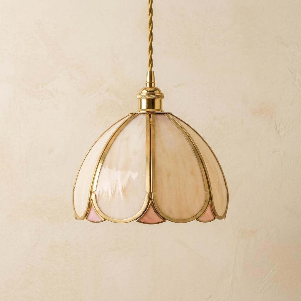 Cream Scalloped Stained Glass Pendant Light, Vintage Cottagecore Ceiling Fixture