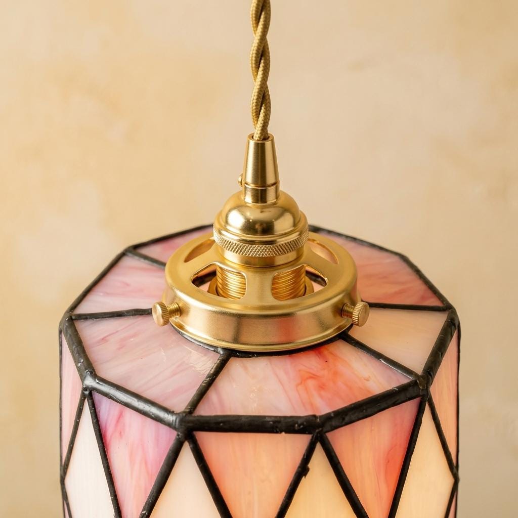 Small Pink Stained Glass Pendant Light, Peach Cream Geometric Hanging Lamp, Tiffany Style Ceiling Light, Boho Vintage Decor
