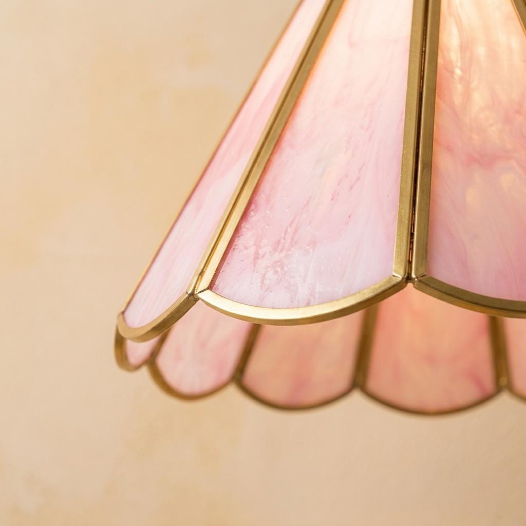 Pink Scalloped Stained Glass Pendant Light, Floral Cottagecore Hanging Lamp