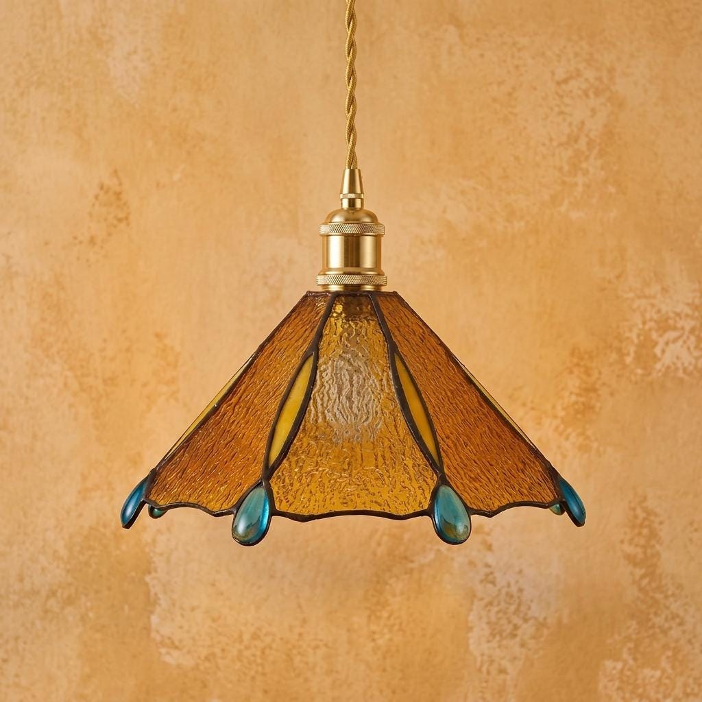 Stained Glass Dragonfly Pendant Lampshade, Amber Tiffany Style Art Glass Shade, Handmade Hanging Light Shade, Boho Cottage Decor