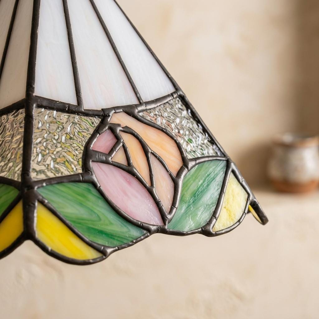 Handmade Stained Glass Lamp Shade, Pink Rose Floral Replacement, Vintage Cottage Decor