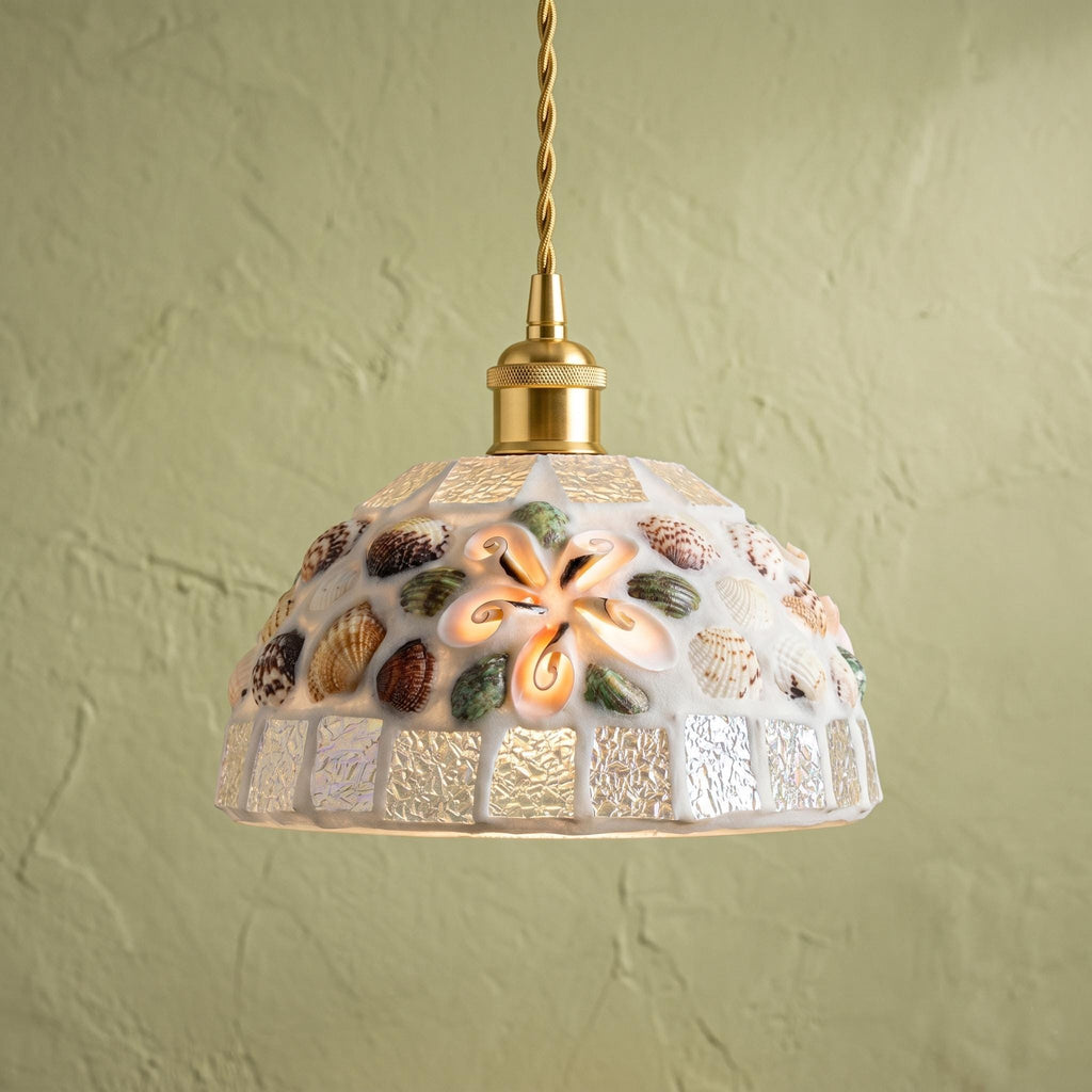 Seashell Mosaic Glass Pendant Light , Coastal Beach Decor, Handmade Ocean Inspired Art Lamp