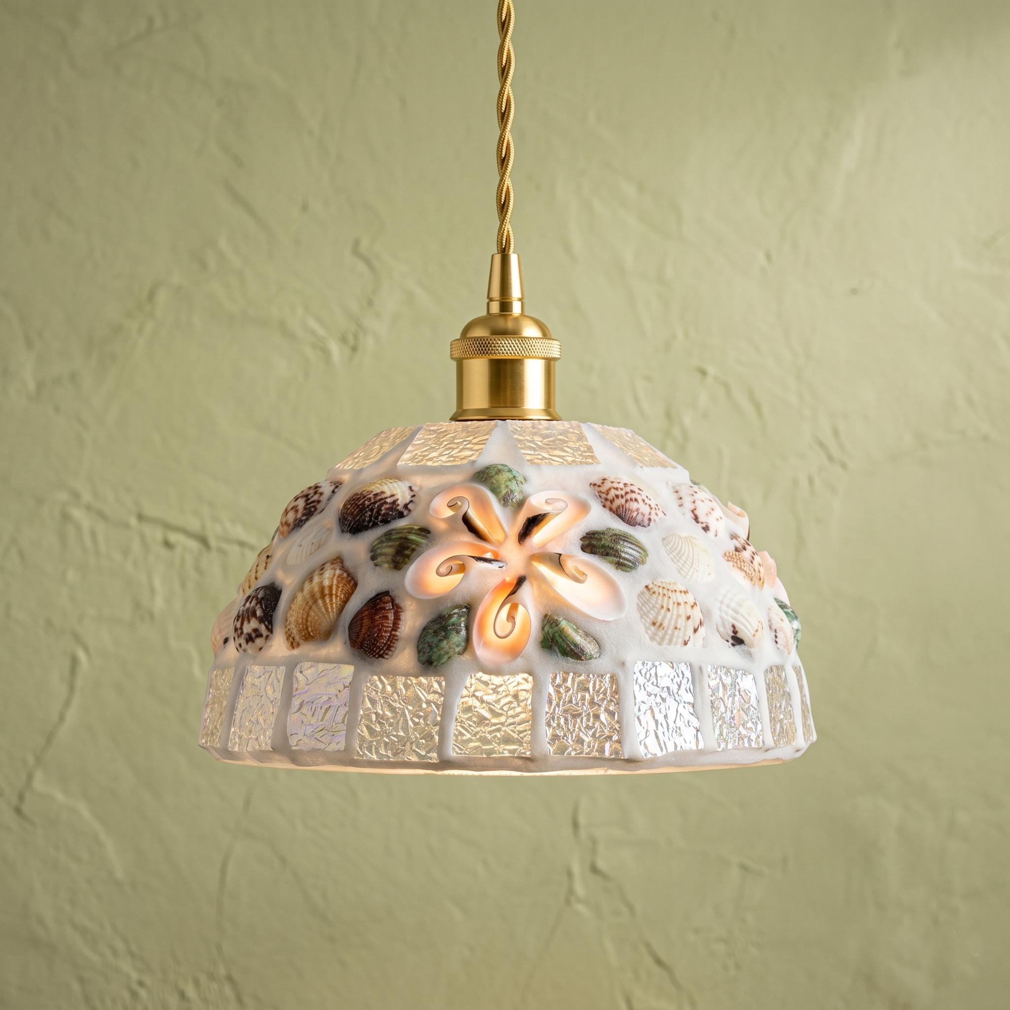 Seashell Mosaic Glass Pendant Light , Coastal Beach Decor, Handmade Ocean Inspired Art Lamp