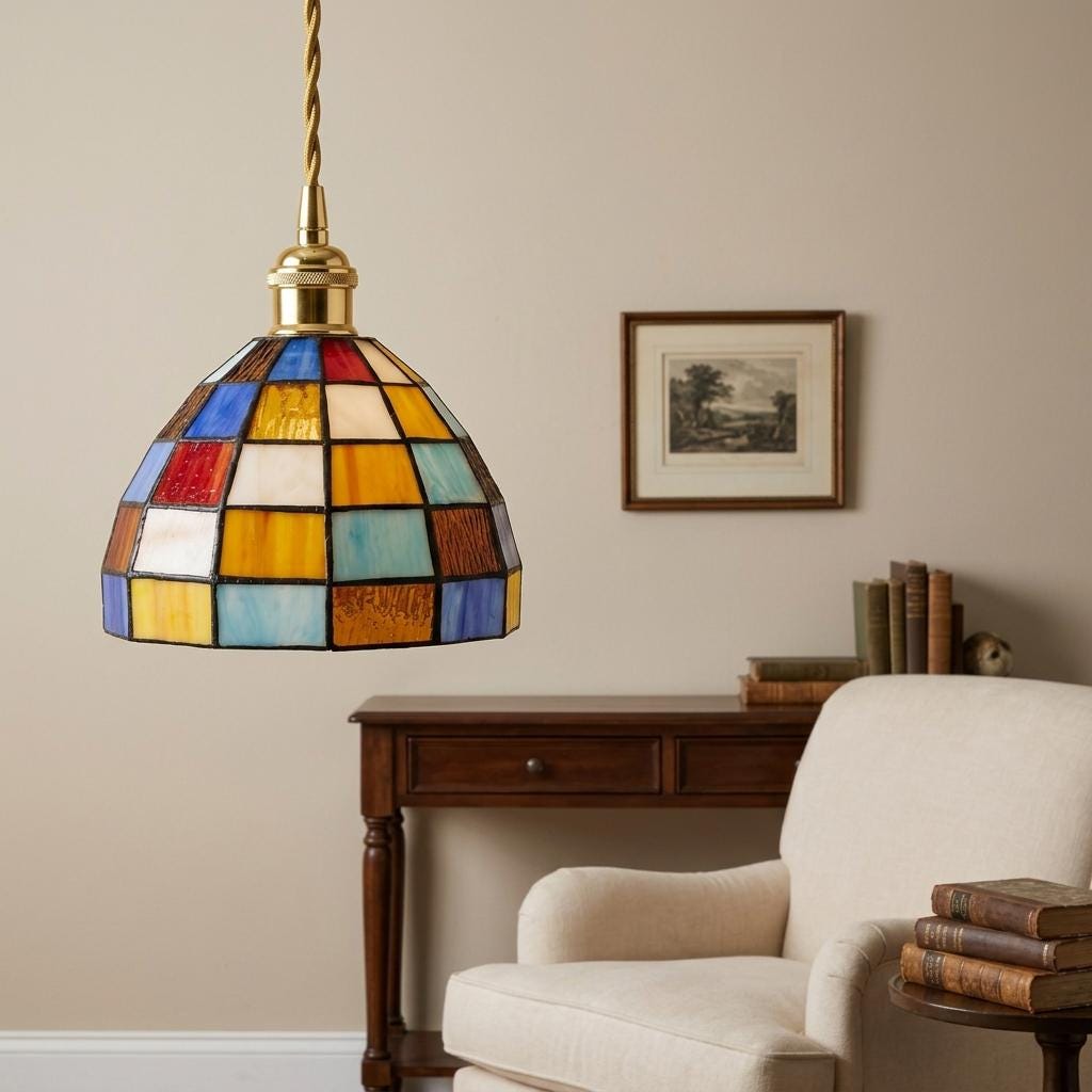 Colorful Stained Glass Pendant Light, Mosaic Dome Hanging Lamp, Tiffany Style Ceiling Fixture, Boho Kitchen Island Light