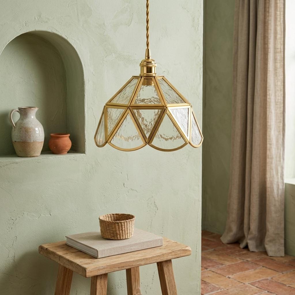 Textured Glass Pendant Light, Geometric Copper Tone Hanging Lamp, Scalloped Vintage Style