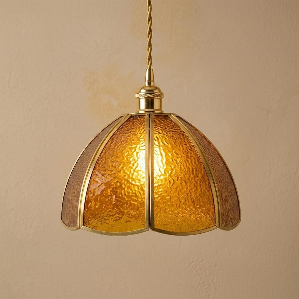 Amber Textured Glass Dome Pendant Light, Vintage Art Deco Brass Ceiling Lamp