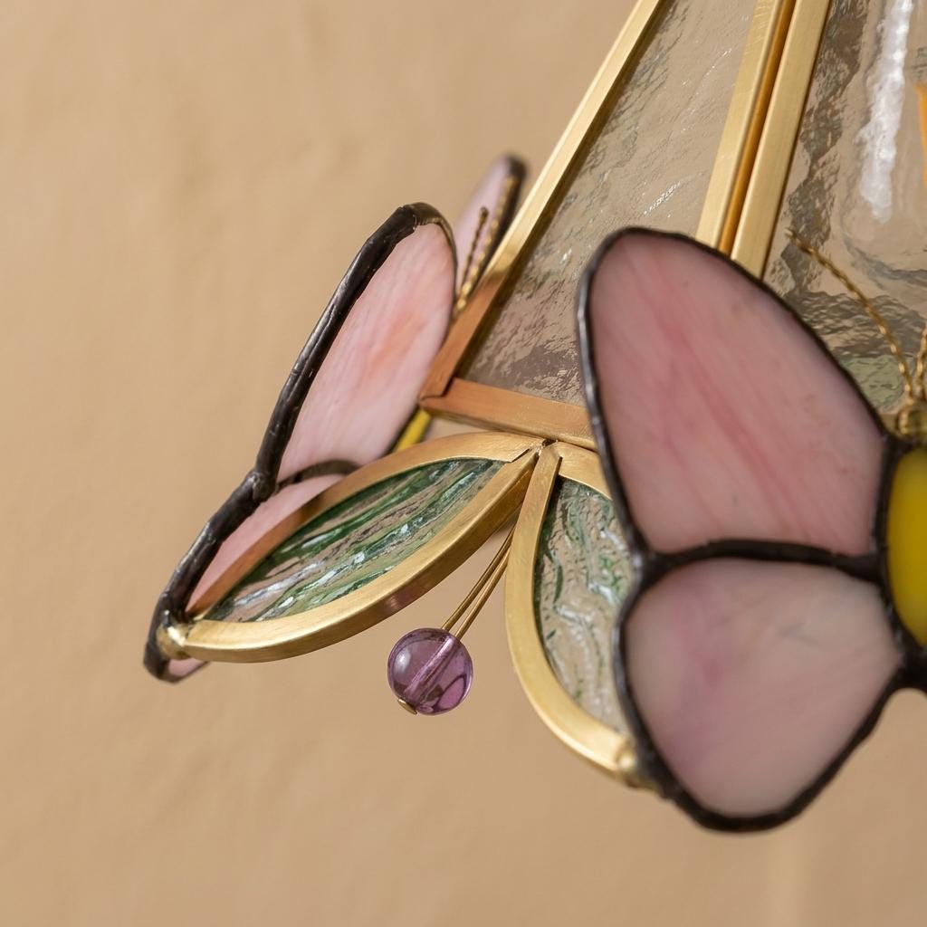 Handmade Pink Butterfly Stained Glass Pendant Light, Brass Cottagecore Decor