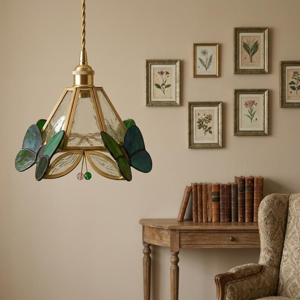 Handmade Butterfly Stained Glass Pendant Light, Green Botanical Art Nouveau Lampshade