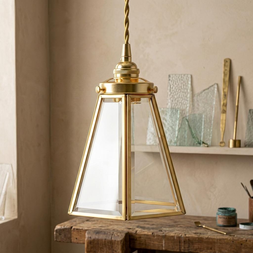 Clear Glass Geometric Pendant Light, Brass Tone Art Deco Hanging Lamp